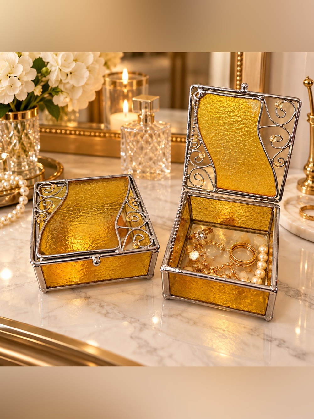 Amber Glass Jewelry Box with Silver Filigree - Elegant Home Storage
